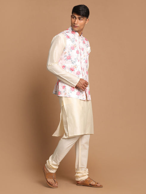 Men's Peach Digital Printed Royal Angrakha Nehru Jacket With Cream Kurta Pyjama Set